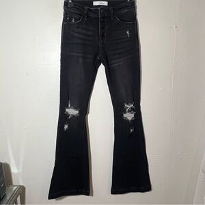 KanCan Distressed Button Fly Flare Black Jeans Size 3/25